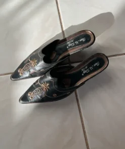 Black leather mules