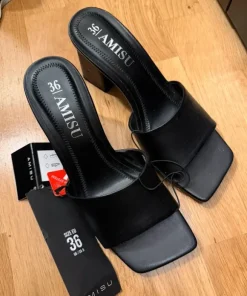 Black square toe heeled mules