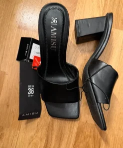 Black square toe heeled mules