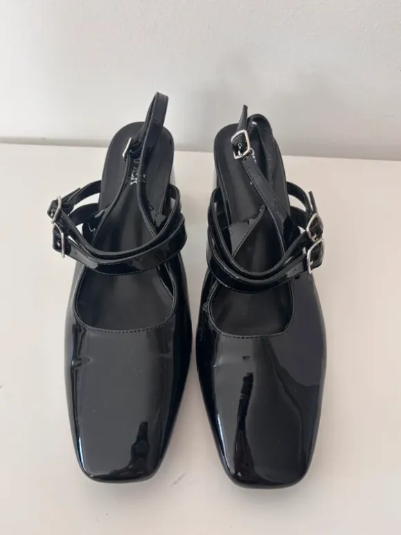 Cider • Black Patent Mary Jane Slingback Heels • 39