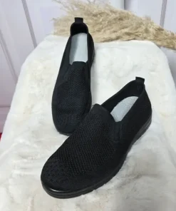 Czarne buty slip-on damskie, przewiewne tenisówki materiałowe, lekkie sneakersy, rozmiar 38