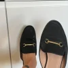 Fede mules Loafers mokkasiner sandaler sort med guld spænde